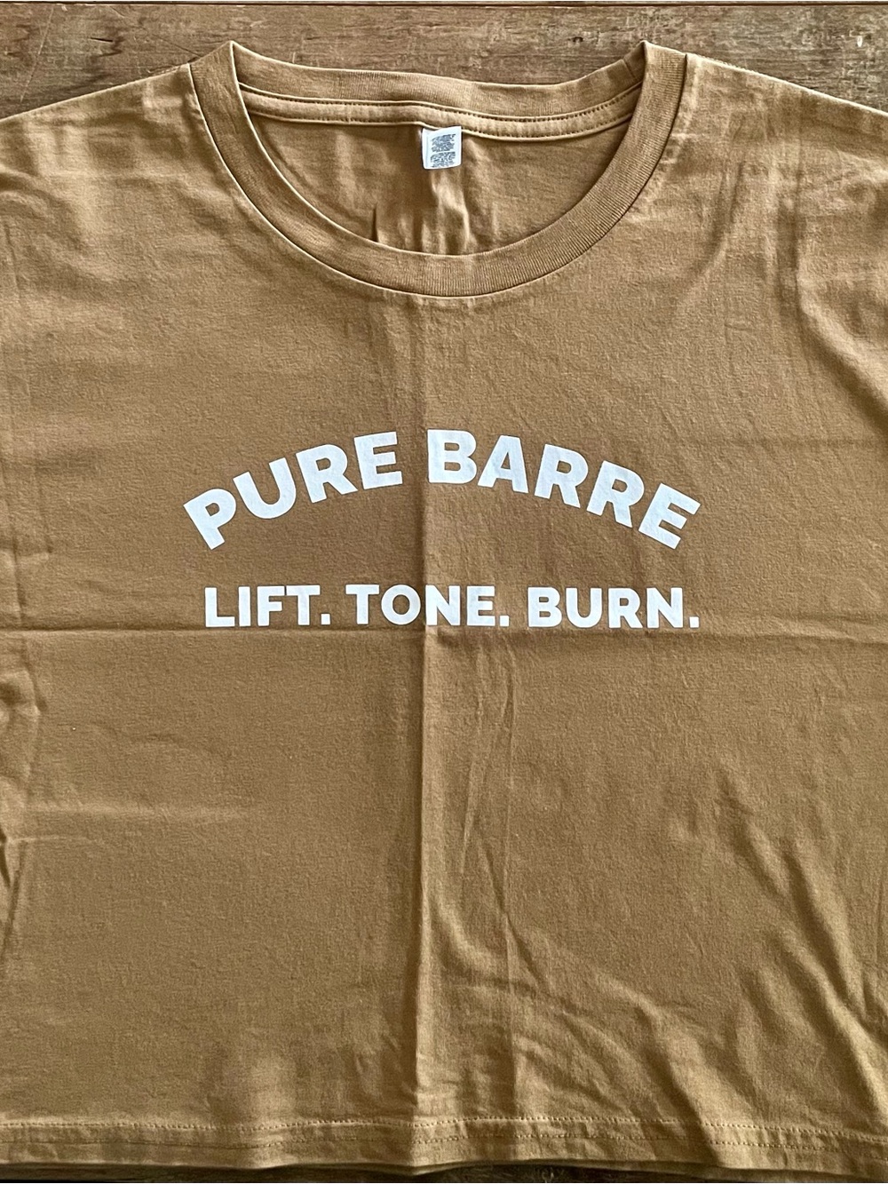 Women’s “Pure Barre Lift. Tone. Burn.” Tan Crop Top with White Lettering - NWOT
